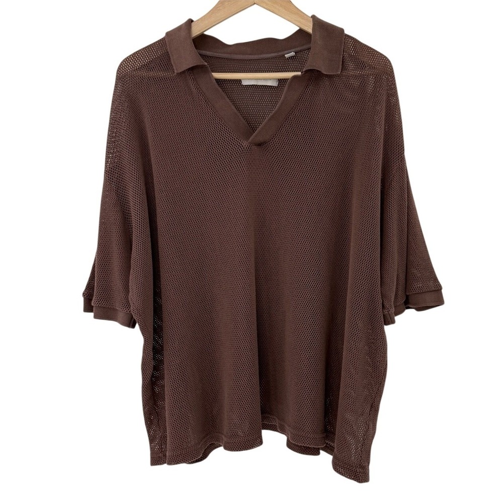 STANDARD CLOTH Men's Brown‎ Mesh V-Neck Oversized Polo Shirt L
